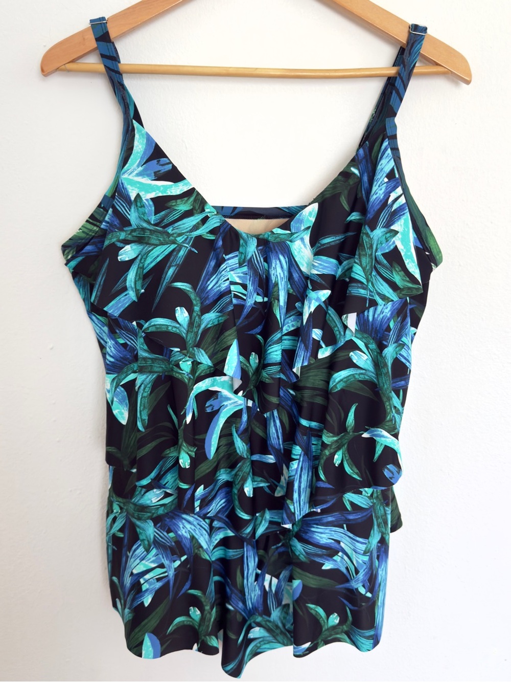 Ceeb Plus Size 20W Tankini Swim Top Ruffle Tiered Tropical Palm Blue Green Mesh